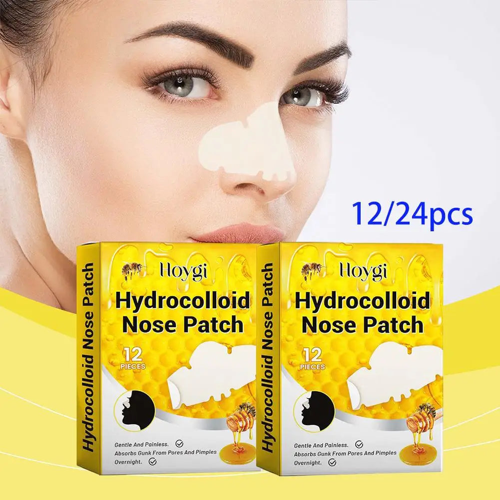 Hydrocolloid Nose Patches yellow box packaging and model nose application for clear blemish removal