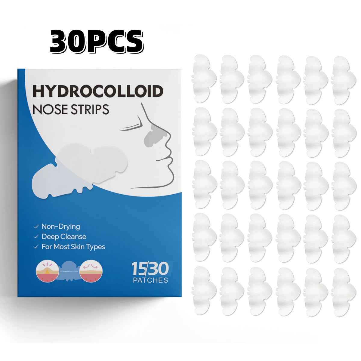 Hydrocolloid Nose Strips 30-piece box packaging and patch set for gentle blackhead and whitehead removal Main image