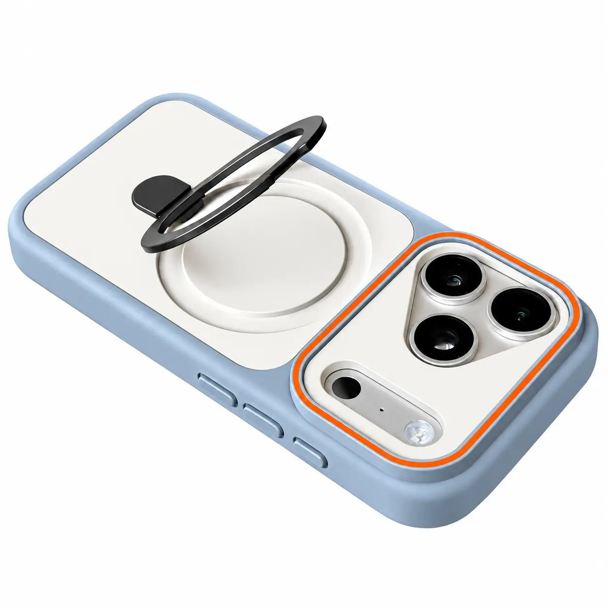 A light blue and white phone case with a built-in black ring stand, a white magnetic charging area, and an orange accent border around the camera cutout, shown on a plain white background. Main image