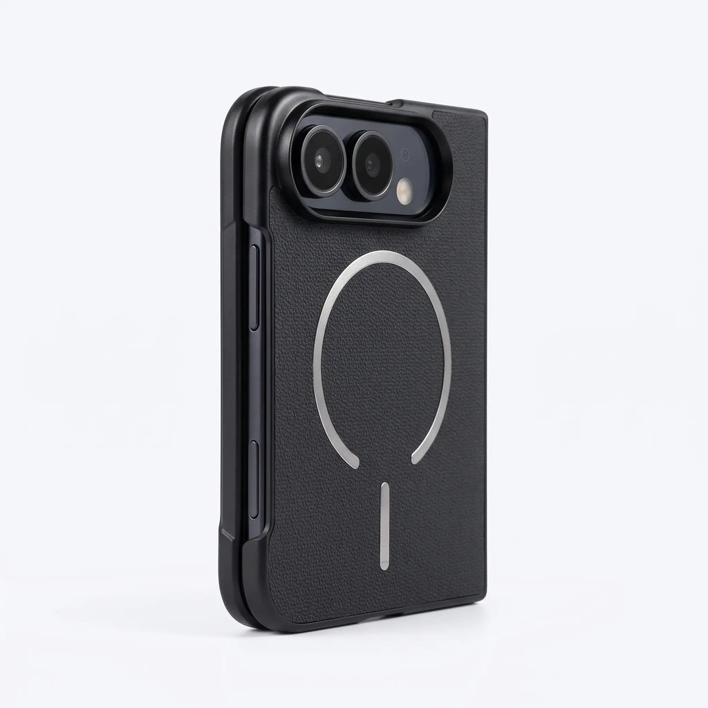 A black textured phone case with a silver MagSafe-compatible circular ring on the back, shown on a white background.