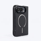 A black textured phone case with a silver MagSafe-compatible circular ring on the back, shown on a white background.