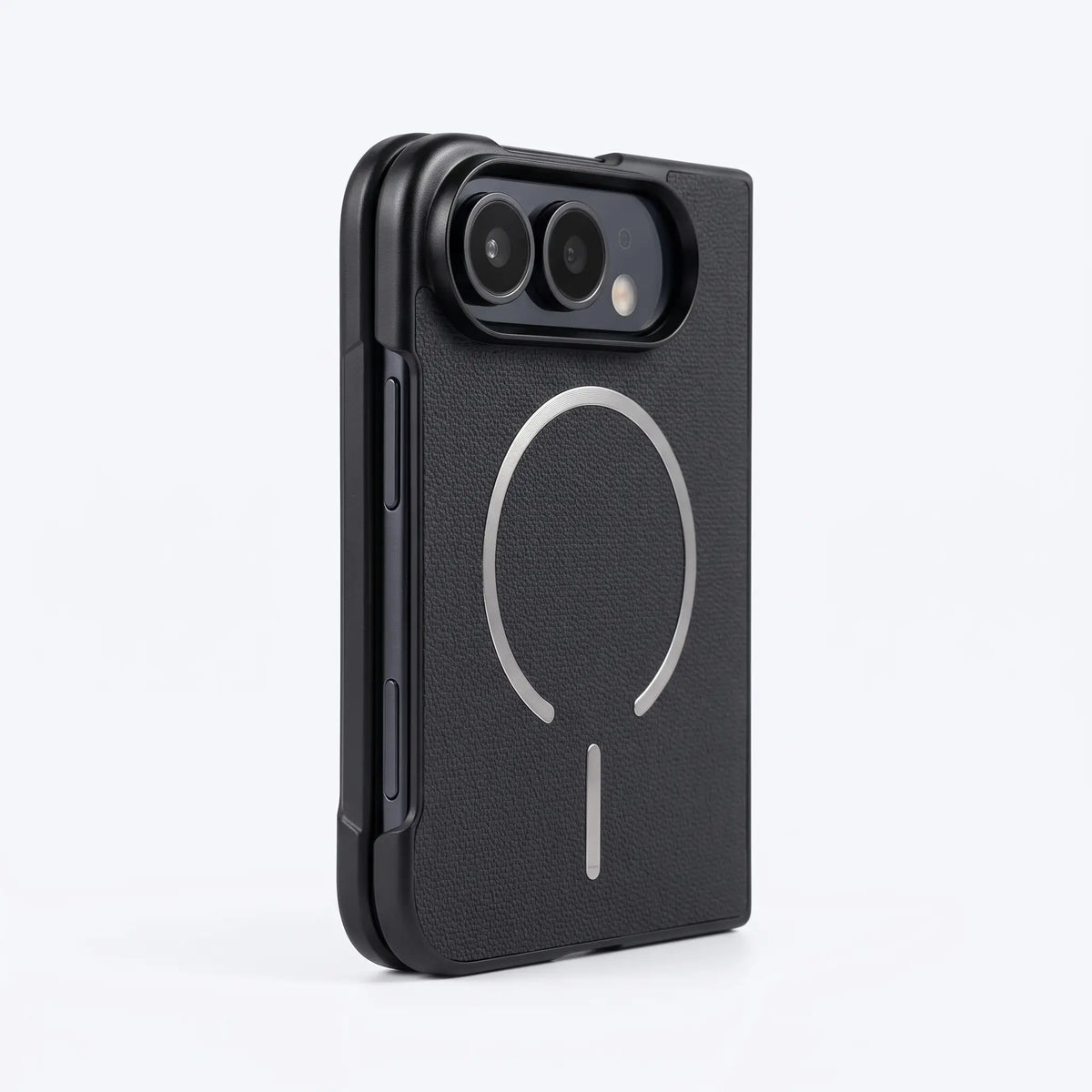 A black textured phone case with a silver MagSafe-compatible circular ring on the back, shown on a white background.