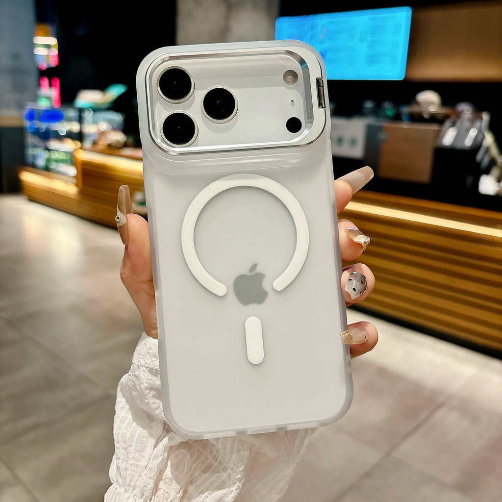 frosted white iphone 18 pro max case with built in metal kickstand on computer desk