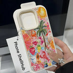 Colorful phone case with tropical design held by a hand, brand 'Phone ShellHub' visible