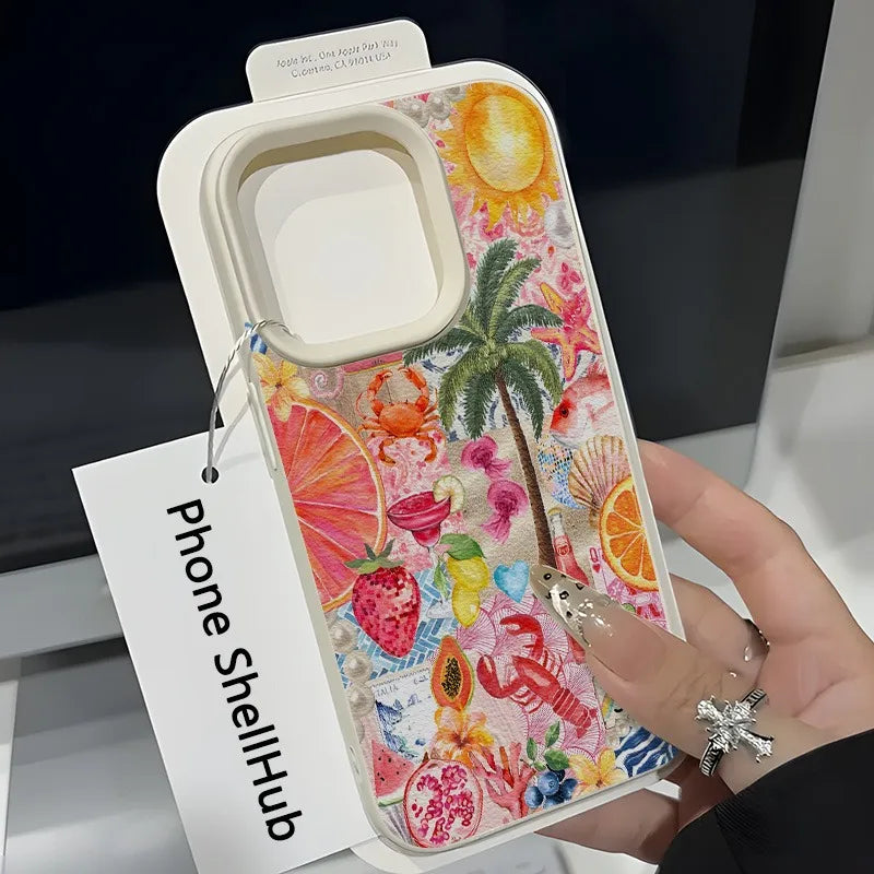 Colorful phone case with tropical design held by a hand, brand 'Phone ShellHub' visible