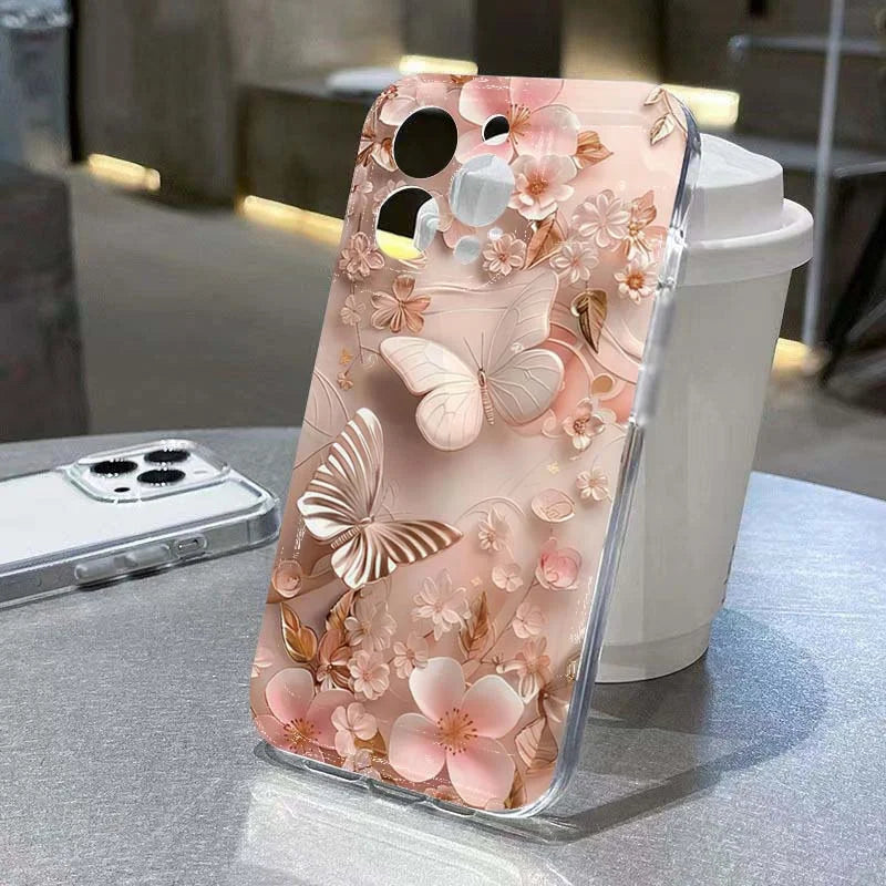 Phone case with floral and butterfly design on a table