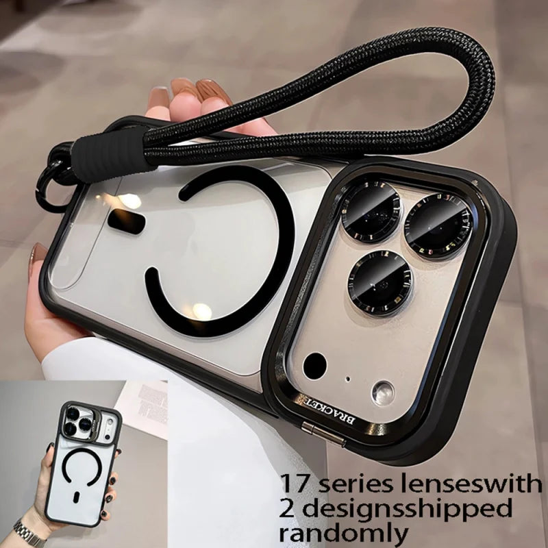 Phone case with a strap held by a hand, showing different angles.