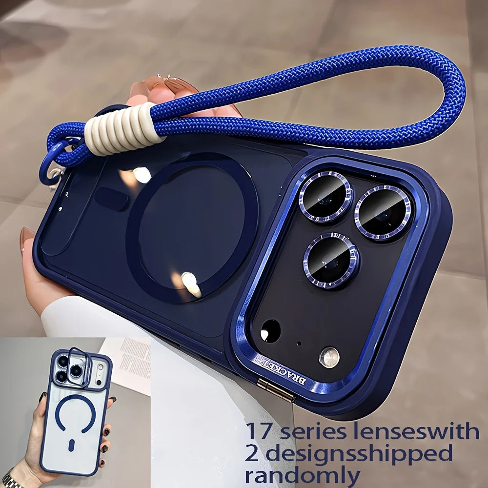 Blue phone case with camera lens design held by a person, on a neutral background.