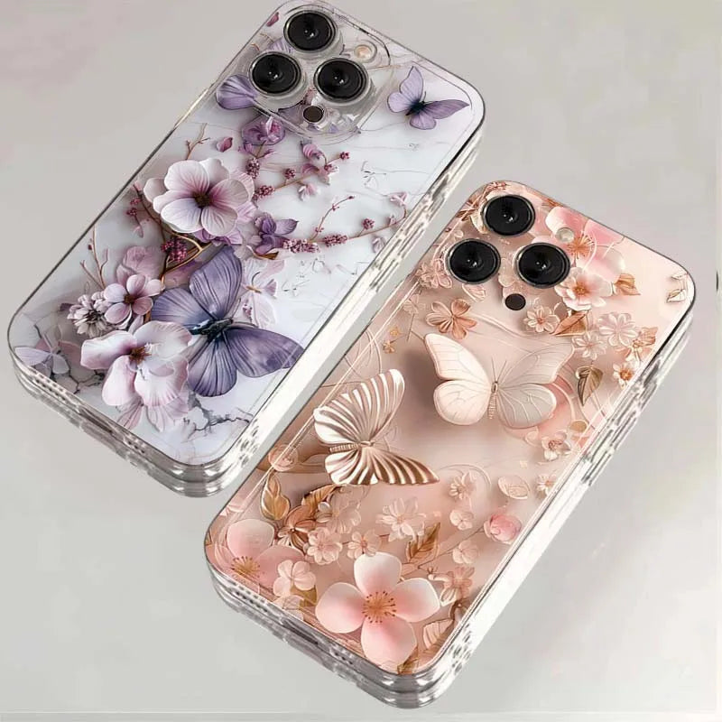 Two floral phone cases with butterflies on a light gray background