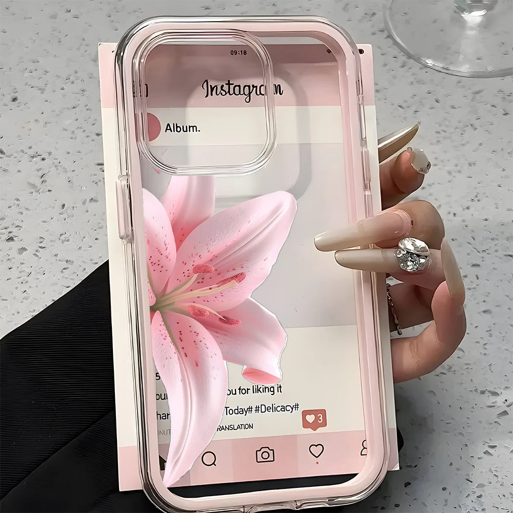 Phone case with pink flower design and Instagram app interface held by a hand.