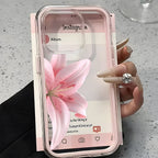 Phone case with pink flower design and Instagram app interface held by a hand.