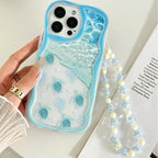 Bright cyan marine turtle phone case for iPhone featuring flexible TPU material and clear bead string.