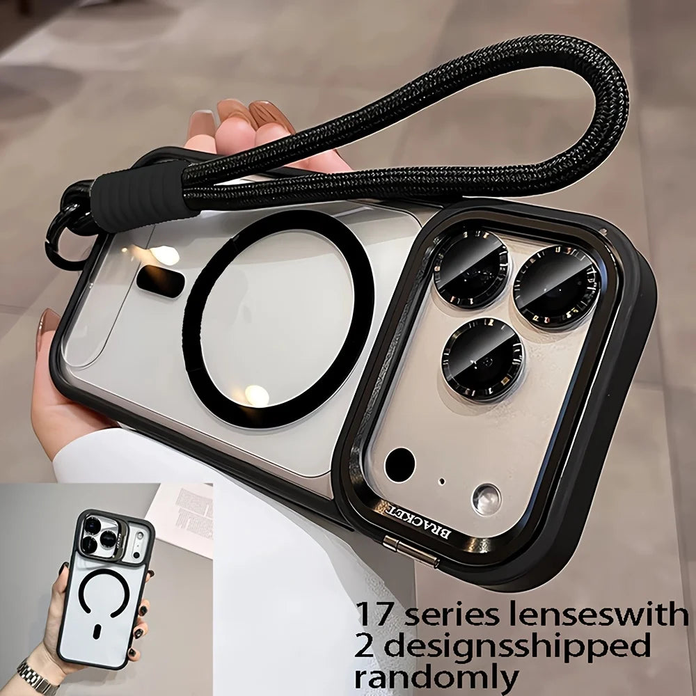 Phone case with 17 series lenses held by a hand, with text indicating random design shipment.