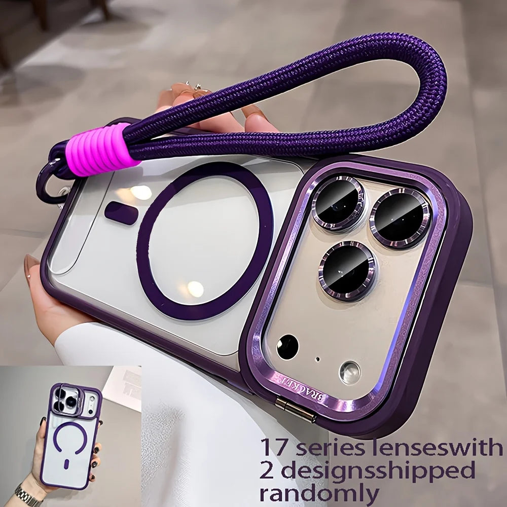 Phone case with purple accents and a lanyard held by a person, with text about phone series and design.