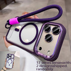 Phone case with purple accents and a lanyard held by a person, with text about phone series and design.