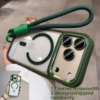 Green phone case with lanyard held by a hand, showing Apple logo on back.