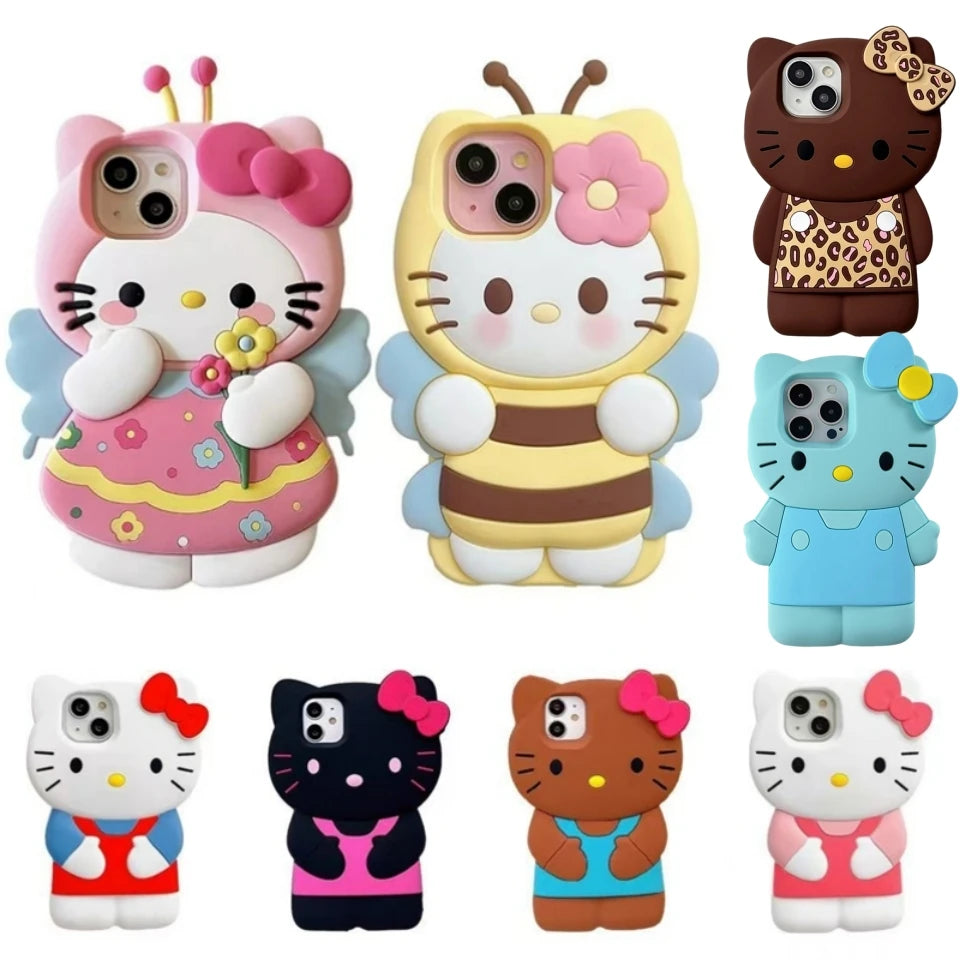 Set of Hello Kitty-themed phone cases in various designs on a white background
