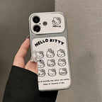 A hand wearing a black sleeve holds a clear phone case decorated with black Hello Kitty illustrations and text on a light gray background.