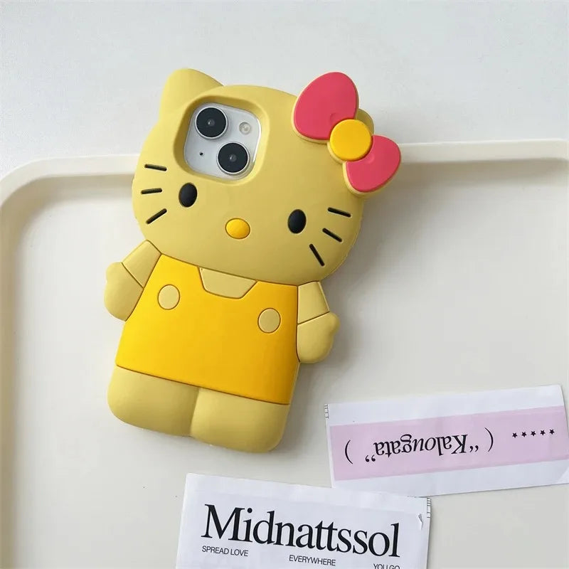 Yellow cartoon character phone case with a pink bow on a white background