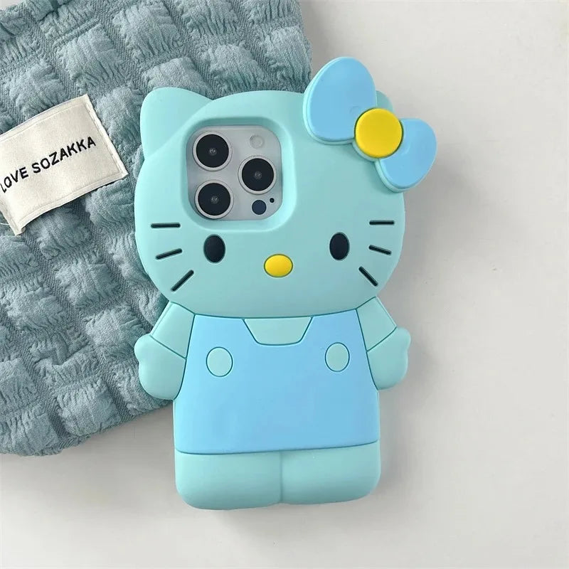 Blue cartoon phone case with a bow on a light gray background
