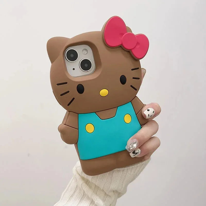 Phone case shaped like a cartoon cat with a pink bow held by a person.