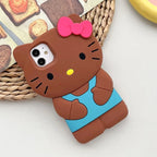 Brown cat-shaped phone case with a pink bow and blue dress on a white background