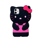 Black cat-shaped phone case with a pink bow on a white background
