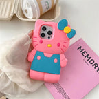 Pink cartoon phone case with a blue bow on a white surface