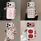 Four phone cases shown in a 2x2 grid, each held in a hand against a neutral background. The cases feature Hello Kitty designs: one light pink with a character illustration, one white with Hello Kitty faces and text, one white with a busy multicolor pattern, and one white with red apple graphics and a red plaid camera border.