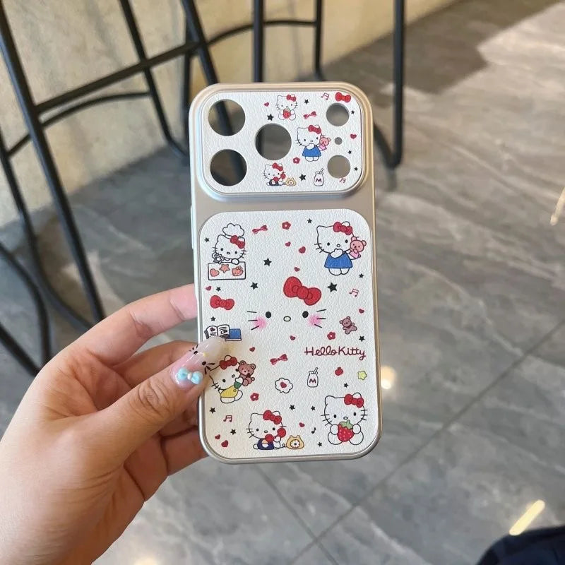 A hand holds a clear phone case with a Hello Kitty print. The case features a large white back panel decorated with red bows, blue outfits, and small cartoon characters, along with a matching clear camera cutout section at the top.