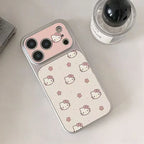 A Hello Kitty phone case with a pink camera ring and a white patterned back, styled on a light surface next to a perfume bottle.