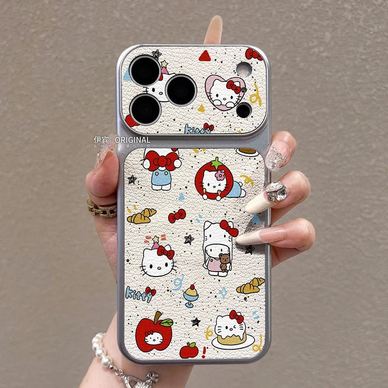 A hand holding a two-piece phone case set featuring Hello Kitty and Sanrio character designs on a textured cream background with a silver bumper frame.