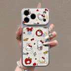A hand holding a two-piece phone case set featuring Hello Kitty and Sanrio character designs on a textured cream background with a silver bumper frame.