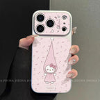 A hand with decorated nails holds a light pink phone case featuring a Hello Kitty gnome design. The case has a textured pink back with a cartoon gnome and heart pattern, and a matching pink magnetic cover attached to the back.
