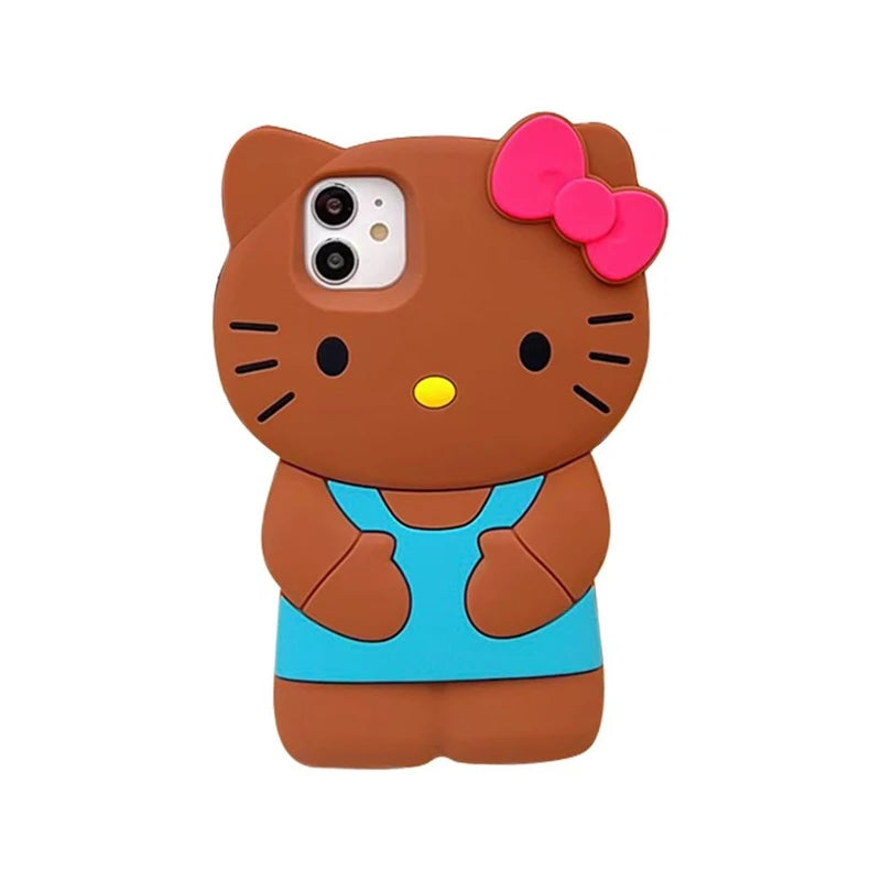 Brown cat-shaped phone case with a pink bow on a white background