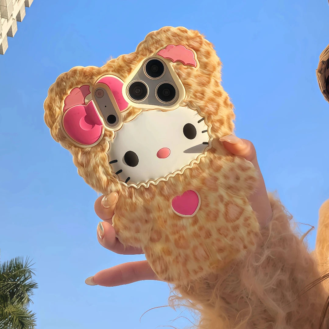 Phone case with a cartoon character design held against a blue sky.
