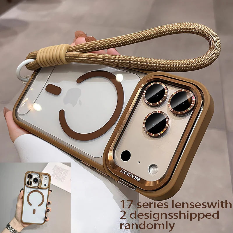 Phone case with woven strap held by a hand, featuring brand name on a neutral background.