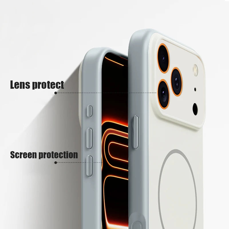 Phone case with lens and screen protection features highlighted on a white background