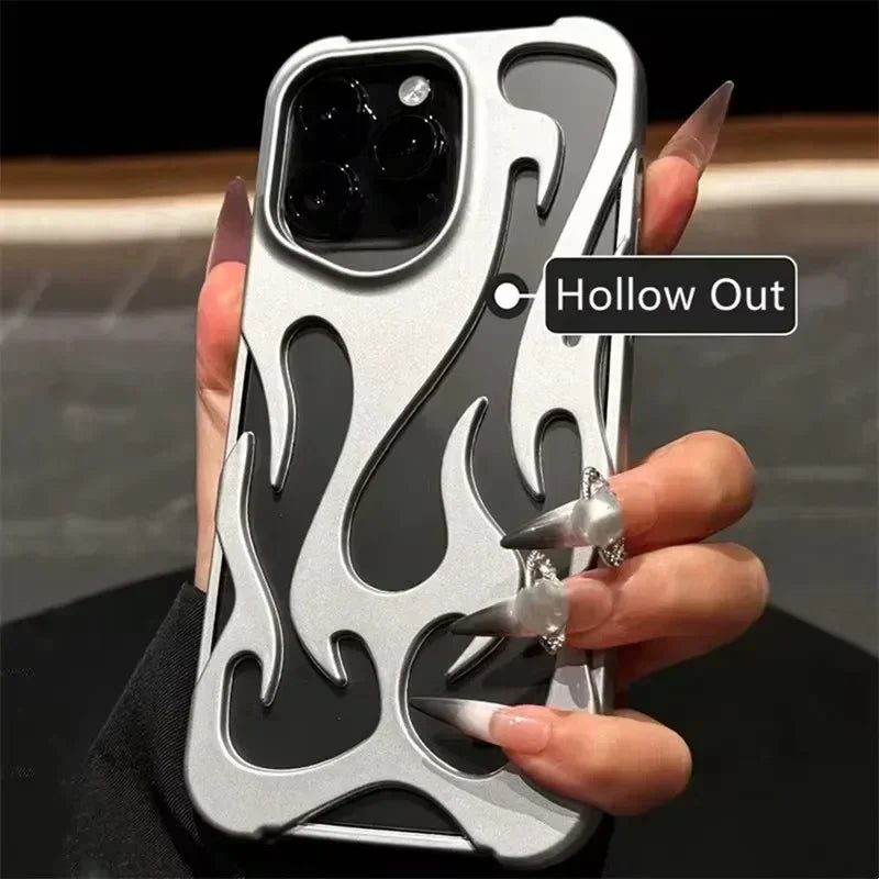 Silver phone case with flame design held by a hand, labeled 'Hollow Out'.