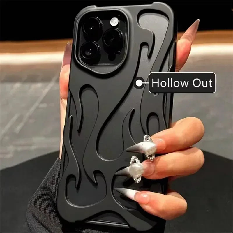 Black phone case with hollow-out design held by a hand