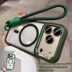 Green phone case with lanyard held by a person, showing details of phone design.