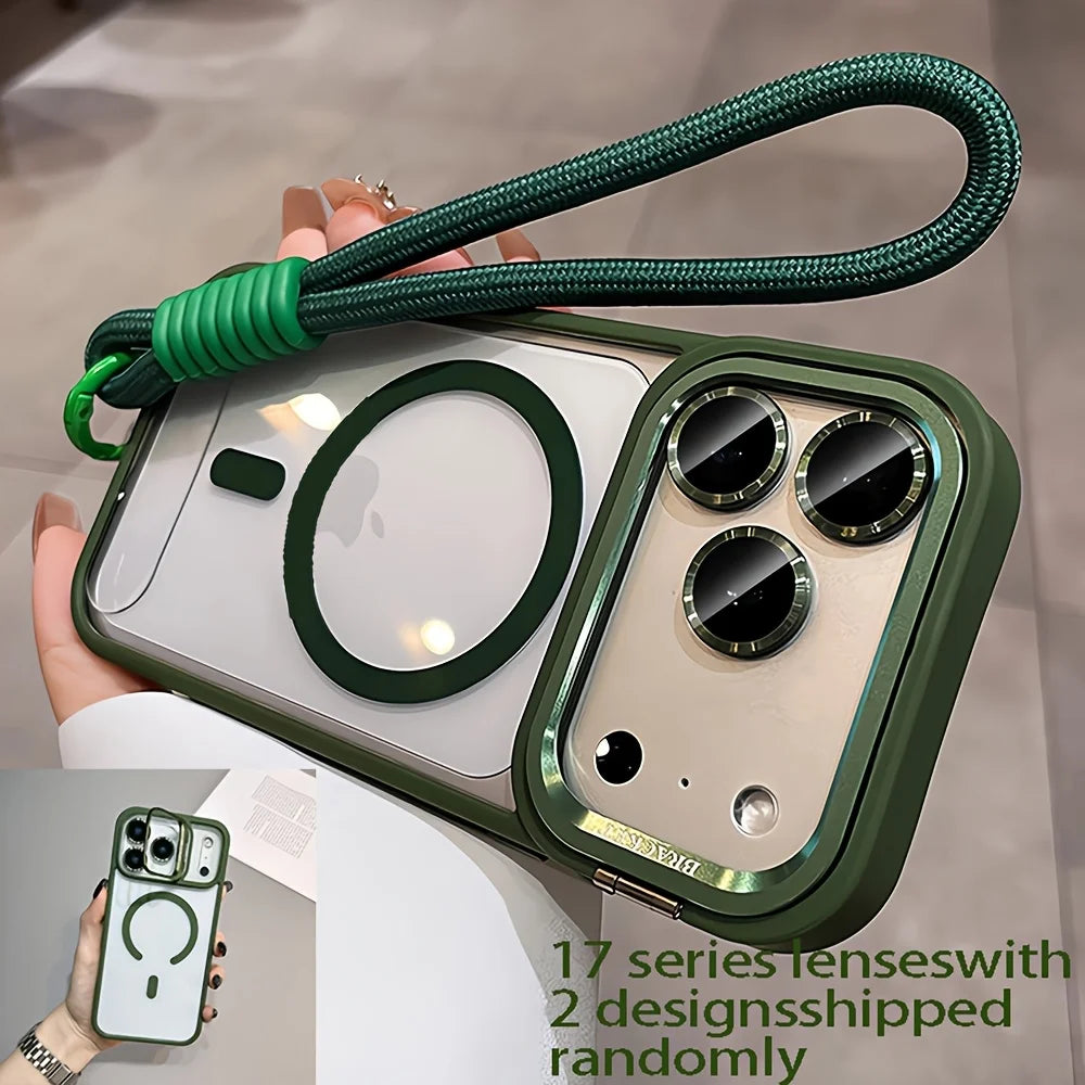 Green phone case with lanyard held by a person, showing details of phone design.