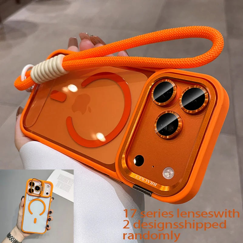 Orange phone case with smiley face design and rope strap held by a person.