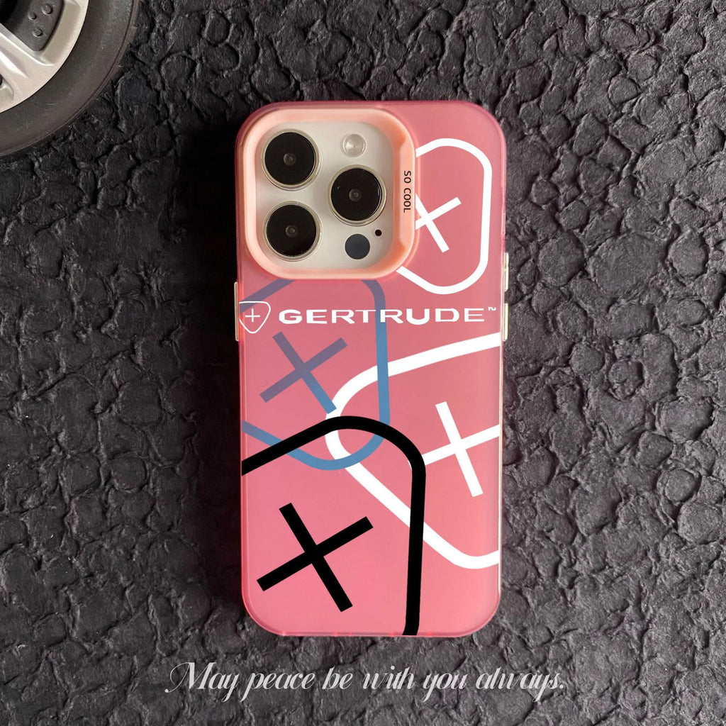 Pink iPhone case with abstract cross graphic design for dual-layer phone protection