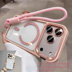 Phone case with rose gold frame and pink strap held by a person