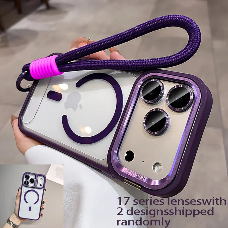 Phone case with purple accents and a lanyard held by a person, with text about phone series and design.