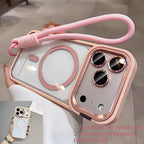 Phone case with pink strap and rose gold accents on a neutral background