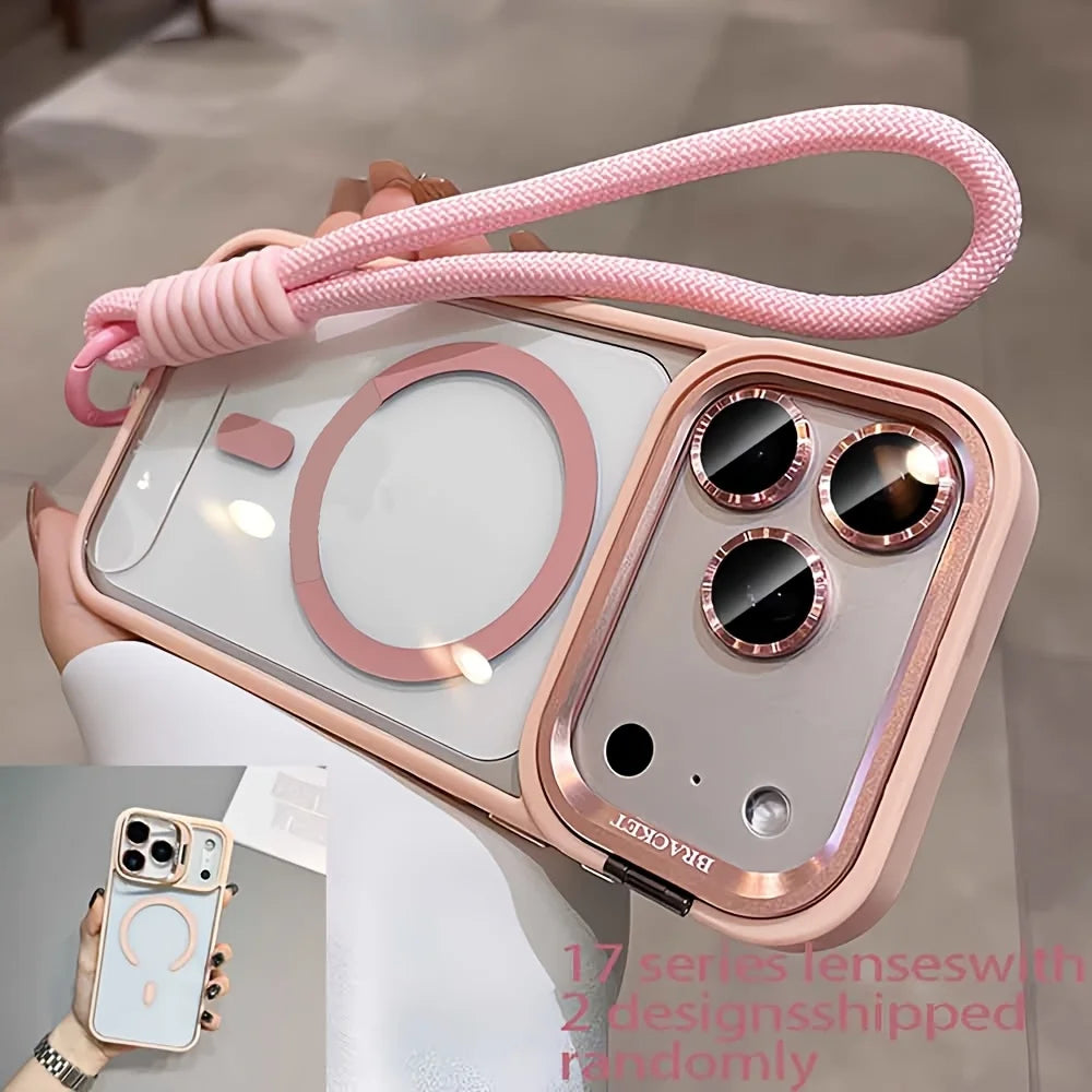 Phone case with pink strap and rose gold accents on a neutral background
