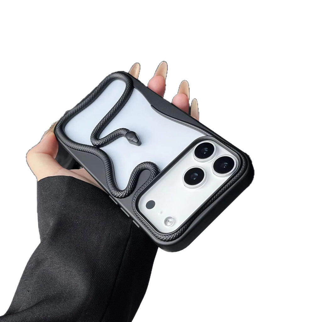 A hand holding a smartphone case with a black textured border and a raised black snake design over a clear back panel, shown against a plain white background.