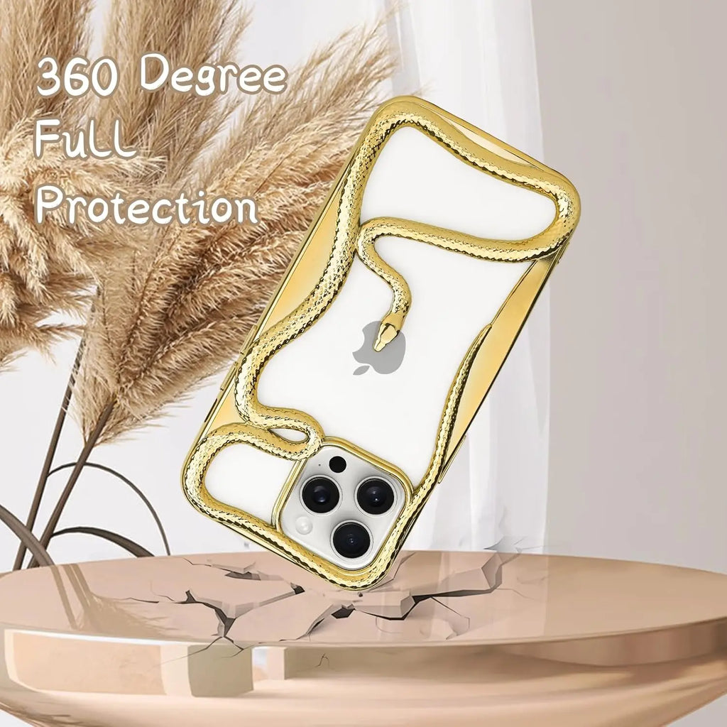 A clear phone case with a raised metallic gold snake border, shown on a phone. The case has a transparent center with a printed silver Apple logo, and the words '360 Degree Full Protection' are overlaid on the top left.